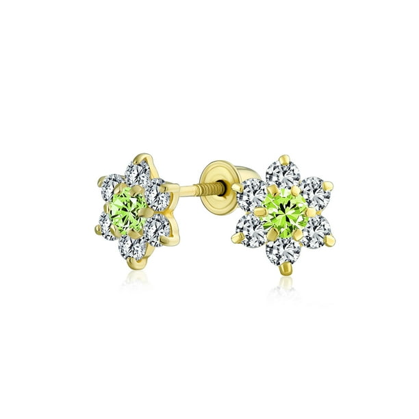 14K Real Yellow Gold 8mm Round Halo Light Green And White CZ Screw Back Earrings 14K Real Yellow Gold 8mm Round Halo Light Green And White CZ Screw Back Earrings